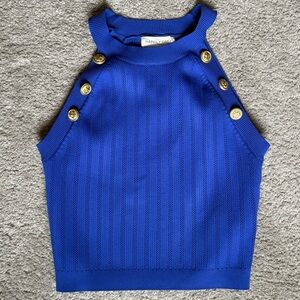 Royal Blue Knit Halter Crop Top Gold Anchor Buttons Nautical Coastal Size Large